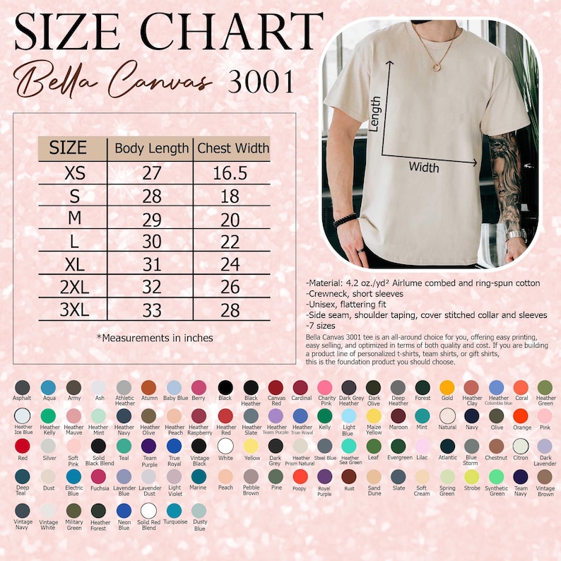 K&ouml;nnte beinhalten: Gr&ouml;&szlig;entabelle f&uuml;r Bella Canvas 3001 T-Shirts. Enth&auml;lt Ma&szlig;e in cm f&uuml;r die Gr&ouml;&szlig;en XS bis 3XL. Merkmale: Rundhalsausschnitt, kurze &Auml;rmel, Unisex-Passform. Erh&auml;ltlich in verschiedenen Farben.