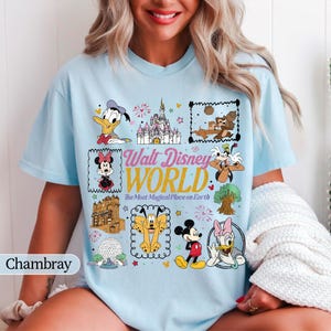 May include: Light blue t-shirt featuring a colorful graphic of various Disney characters and landmarks, including Mickey Mouse, Donald Duck, and Cinderella's castle. The text "Walt Disney World" is prominently displayed.