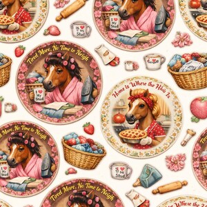May include: A repeating pattern with illustrations of a horse in a pink robe and curlers, holding an iron, with the text "Tired Mare, No Time to Neigh." Other elements include strawberries, baskets, and mugs.