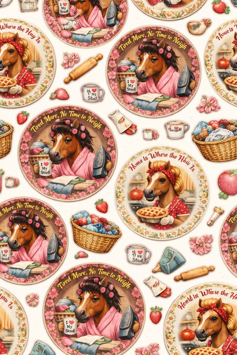 May include: A repeating pattern with illustrations of a horse in a pink robe and curlers, holding an iron, with the text "Tired Mare, No Time to Neigh." Other elements include strawberries, baskets, and mugs.