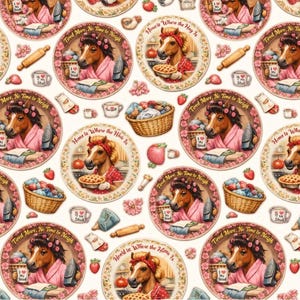 May include: A repeating pattern with illustrations of a horse in a pink robe, alongside kitchen items such as rolling pins, baskets, and mugs. The text includes phrases like "Tired Mare, No Time to Neigh" and "Home is Where the Hay Is."