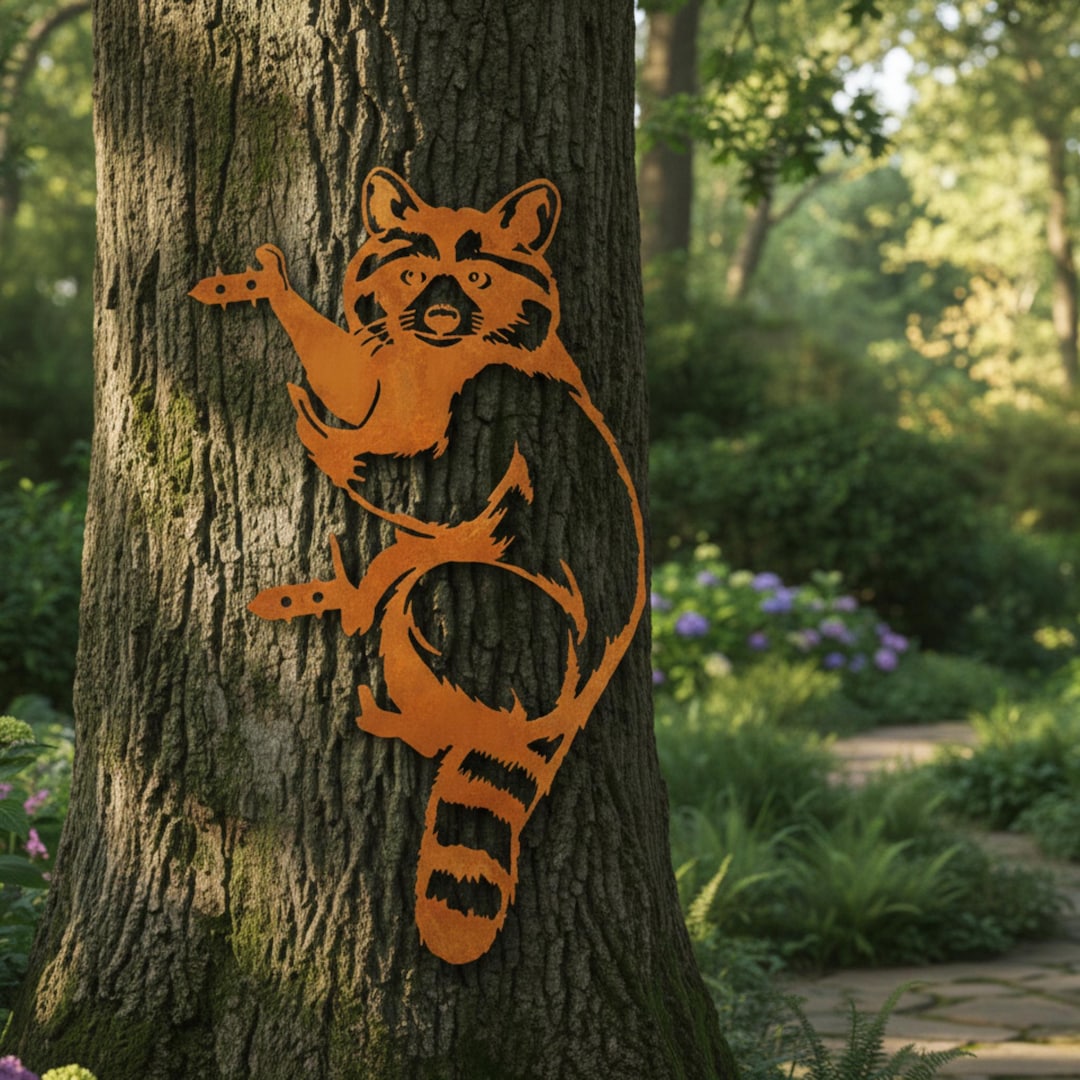 Rustic Orange Metal Raccoon Garden Wall Art for Trees, Outdoor Wildlife ...