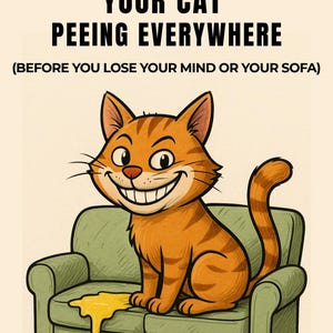 May include: Cartoon illustration with text: "HOW TO STOP YOUR CAT PEEING EVERYWHERE (BEFORE YOU LOSE YOUR MIND OR YOUR SOFA)". An orange tabby cat sits on a green sofa with a yellow puddle. The cat has a large grin.
