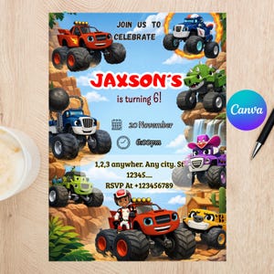 Blaze and the Monster Machines Birthday Invitation | Kids Birthday Party Invite | Digital Download | Canva template 5 x 7 inches
