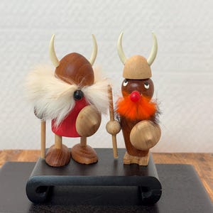 Two Very Cool Vintage Pre-Loved Handmade Danish Fur & Teak Wood Viking Figurines From the 60&#39;s-70&#39;s MCM Collectibles  Retro Design