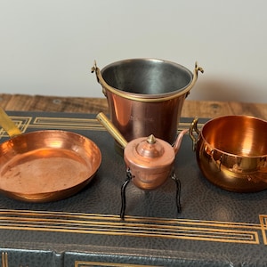 Miniature Vintage Copper Kitchenware Set, Teapot, Bucket, Pan