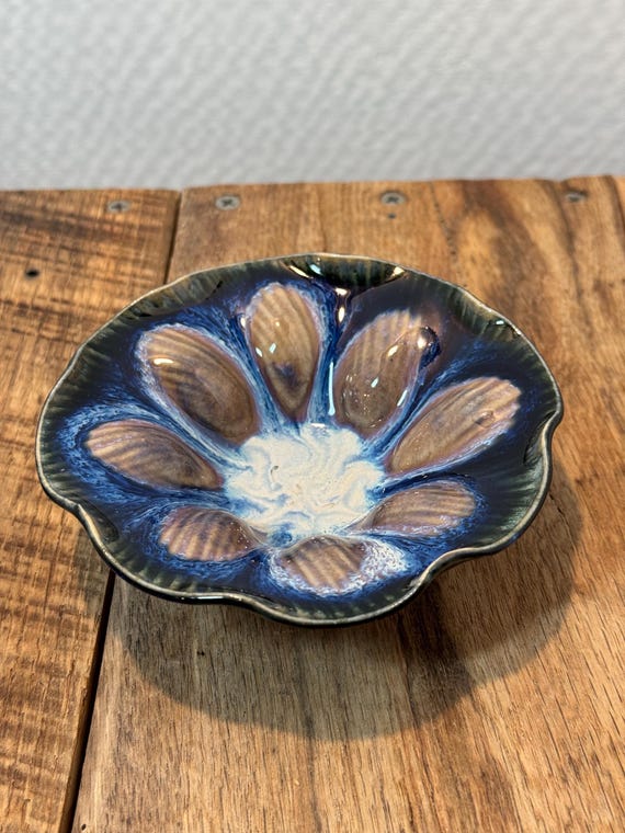 Handmade Studio Pottery Trinket Dish – Wavy Flower Bowl, Signed Art