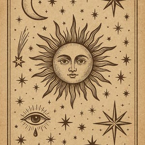 May include: A celestial illustration in brown and beige tones, featuring a crescent moon, a sun with a face, stars, and an eye with a teardrop. The artwork has a vintage, hand-drawn style, reminiscent of tarot cards and astrological charts.