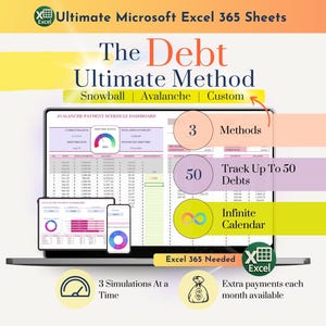 May include: A laptop, tablet, and smartphone display a debt management dashboard. The image highlights features like tracking up to 50 debts, 3 methods, and an infinite calendar. Text includes "The Debt Ultimate Method" and "Excel 365 Sheets."