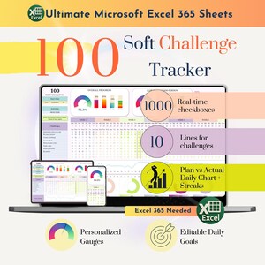 Puede incluir: Gráfico digital que promociona "100 Soft Challenge Tracker" para Microsoft Excel 365. La imagen muestra una computadora portátil, una tableta y un teléfono que muestran la interfaz del rastreador. Incluye casillas de verificación en tiempo real, 10 líneas para desafíos y medidores personalizados.