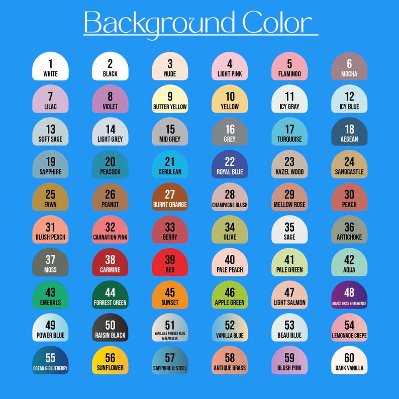 May include: A color chart with 60 color swatches labeled with names and numbers against a blue background. The color options range from white to dark vanilla, including shades of pink, blue, green, and yellow.