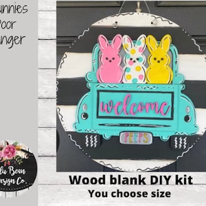 Welcome Bunnies Truck Easter Round Sign Cutout Shapes, Door Hanger Unfinished Wood Laser Cut, DIY, Many Size Options, Blank