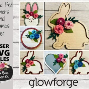 May include: A set of five felt flower and bunny SVG cut files for use with a Glowforge. The designs include a bunny with a flower crown, a bunny with a floral arrangement, a circle with a floral arrangement, a heart with a floral arrangement, and a bunny with a floral arrangement.