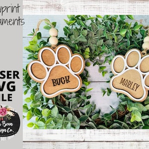 Pet Dog Cat Pawprint Kerstornament Gepersonaliseerde naam SVG laserbestand Hout Digitaal Snijden Glowforge