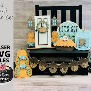 Fall Pumpkin Cozy Autumn Shelf Sitter Tiered Tray Set SVG Wood Glowforge Digital Cut File Laser Wood Cutting Interchangeable