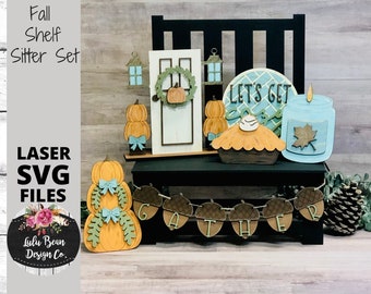 Fall Pumpkin Cozy Autumn Shelf Sitter Tiered Tray Set SVG Wood Glowforge Digital Cut File Laser Wood Cutting Interchangeable