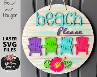 Beach Please Chairs Tropical Summer Floral Flowers SVG Laser Glowforge File Round Door Hanger Digital Cut Wood template