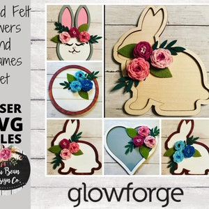 May include: A set of laser cut SVG files for creating rolled felt flowers and frames. The designs include a bunny, a heart, and a circle. The files are perfect for crafting and decorating.