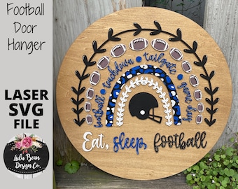 Eat Sleep Football Rainbow Leopard Round Digital Cut File Laser Wood Cutting SVG door hanger template