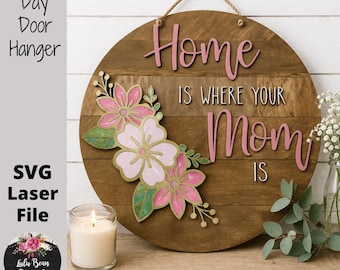 Home is Where Your Mom Is Mother's Day Floral Round Wood Sign Door Hanger Template Glowforge File Digital Cut File Laser Cutting SVG