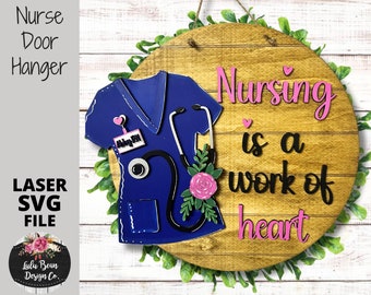 Nurse Scrub Top Stethoscope Floral Personalized Door Hanger SVG File Glowforge Laser Wood