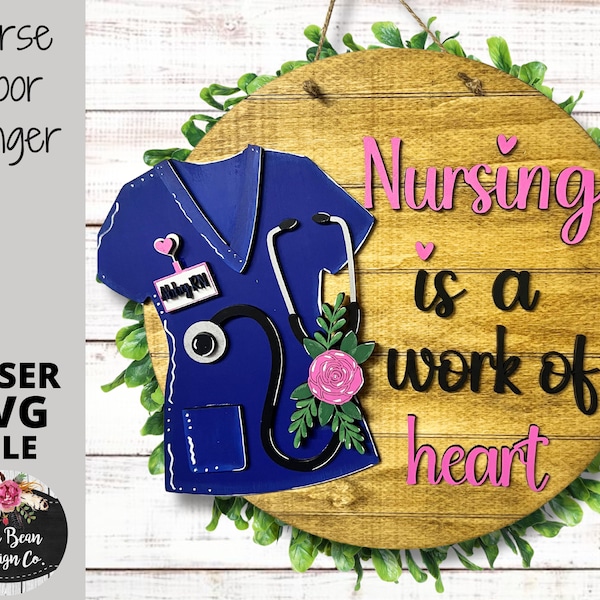 Nurse Scrub Top Stethoscope Floral Personalized Door Hanger SVG File Glowforge Laser Wood