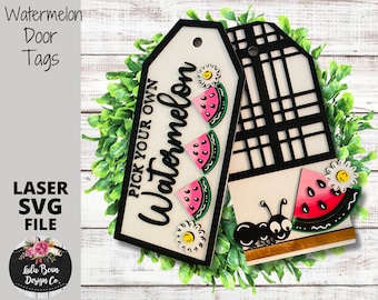 Watermelon Patch Pick your Own Door Tags Set of 2 Ant Summer Daisy Summertime SVG File Sign Digital Cut File Laser Wood cutting