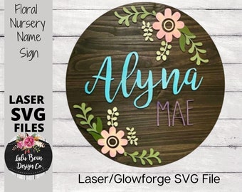Flower Floral Baby Nursery Round Name Sign SVG Digital Cut File Laser Wood template door hanger