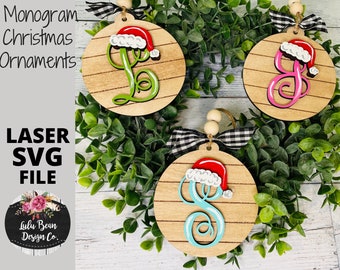Monogram Letter Christmas Ornament SVG File Santa hat round shiplap wood bead Personalized laser Digital Glowforge