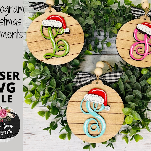 Monogram Letter Christmas Ornament SVG File Santa hat round shiplap wood bead Personalized laser Digital Glowforge