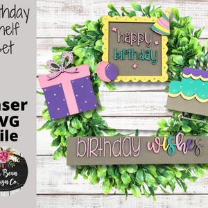 Feliz cumpleaños deseos estante niñera bandeja escalonada conjunto SVG madera Glowforge archivo de corte digital corte de madera láser intercambiable