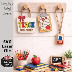 May include: Wooden teacher-themed wall decor featuring a tote bag with "TEACH MRS. SMITH" text, a clipboard with an apple, and an ID badge. The image includes pencils, an apple, books, and a small chalkboard with "ABC" text. The design is a SVG laser file.