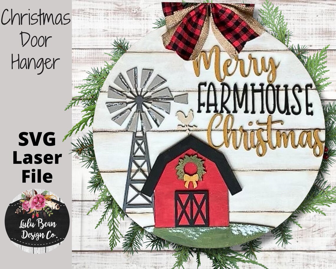 Merry Farmhouse Christmas Round Door Hanger SVG Laser Glowforge File ...