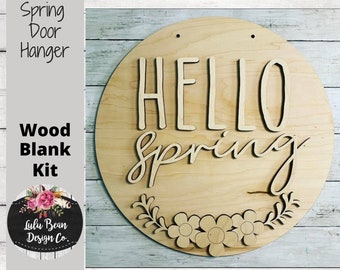 Hello Spring Flowers Floral Round Sign Cutout Shapes, Door Hanger Unfinished Wood Laser Cut, DIY, Many Size Options, Blank