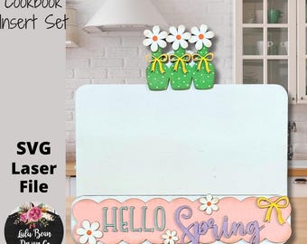 Cookbook Holder Set Hello Spring Flowers Interchangeable SVG file Two Sizes Seasonal Digital Cut File Laser Glowforge Wood