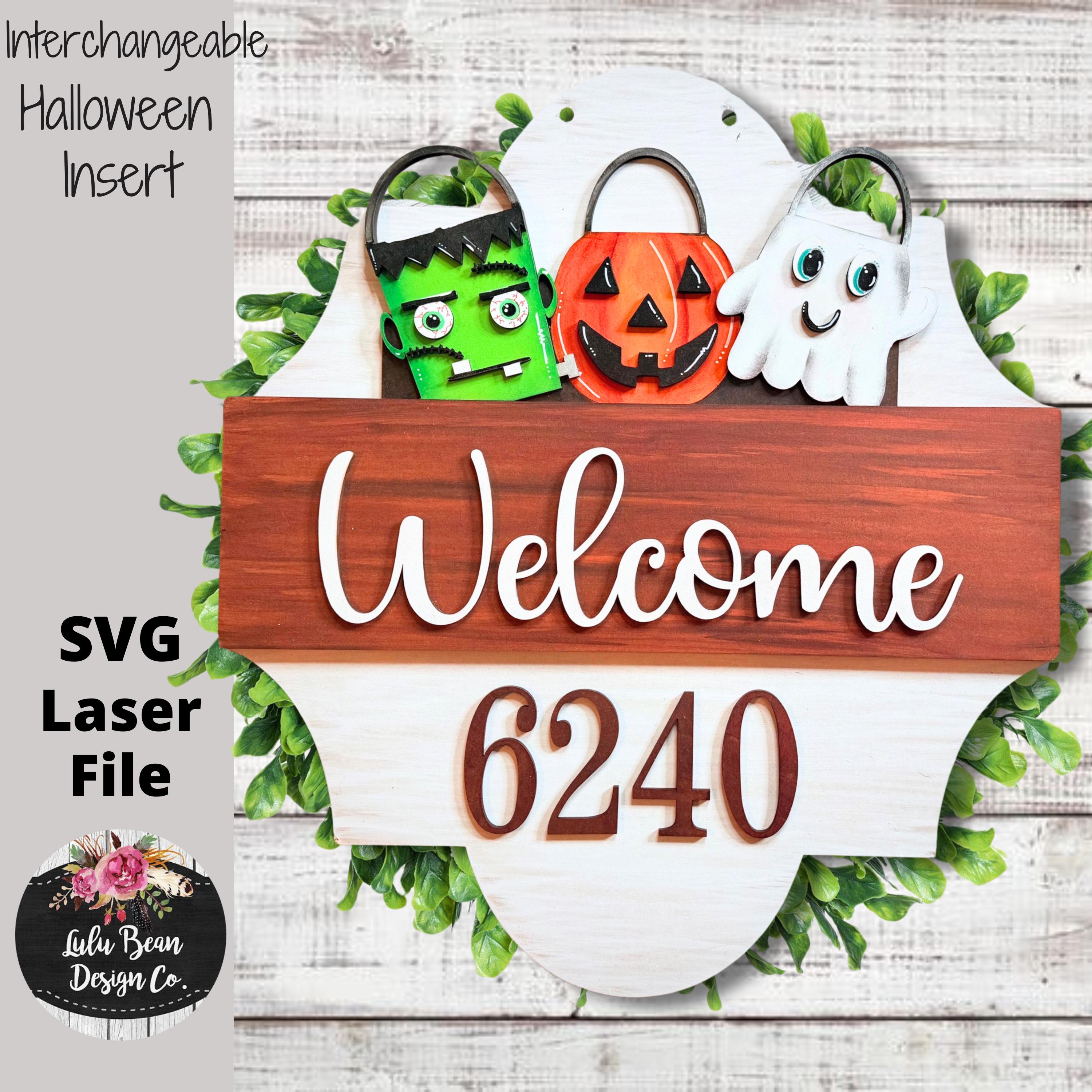 Halloween Trick or Treat Bucket Interchangeable Door Hanger Insert Welcome Address Numbers Laser Glowforge Cut File SVG Wood Template