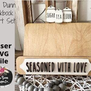Cookbook Holder Set Rae Dunn Seasoned with Love Canisters Interchangeable SVG file Two Sizes Seasonal Digital Cut File Laser Glowforge Wood