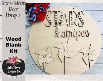 Stars and Stripes July 4th Patriotic Pinwheel Round Sign Cutout Shapes, Door Hanger Unfinished Wood Laser Cut, DIY, Many Size Options, Blank