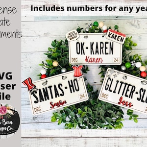 Engraçado enfeite de natal arquivo SVG placa de licença glitter vagabunda papai noel ho ok karen personalizado laser digital glowforge