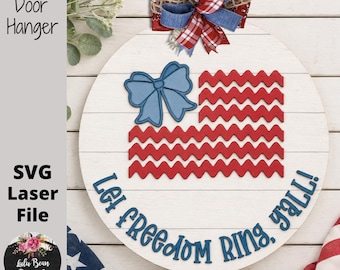 Lascia che la libertà risuoni, insegna patriottica floreale per appendere la porta con fiocco, file digitale per taglio laser su legno, modello SVG per taglio rotondo.
