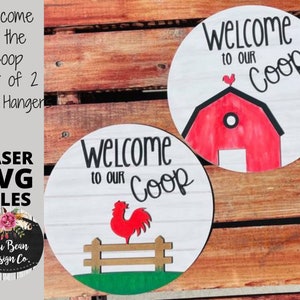 Welcome to our Coop Farmhouse Rooster Barn Round Wood Glowforge File Digital Cut File Laser Cutting SVG