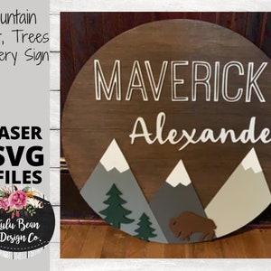 Mountain Trees Bear Baby Nursery Name Sign Digital Cut File Laser Wood svg pdf jpg dxf cutting template door hanger