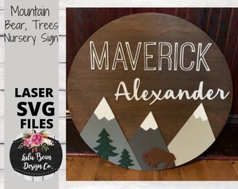 Mountain Trees Bear Baby Nursery Name Sign Digital Cut File Laser Wood svg pdf jpg dxf cutting template door hanger
