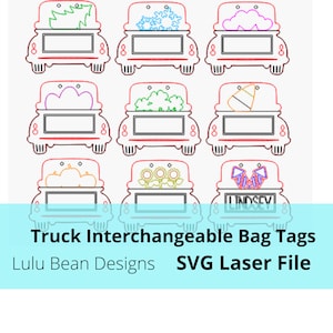 May include: Nine different SVG designs of a red truck with interchangeable images in the bed. The images include a Christmas tree, a snowflake, a cloud, a bunch of shamrocks, a candy corn, a pumpkin, a sunflower, a bow, and a name tag that says "Lindsey".