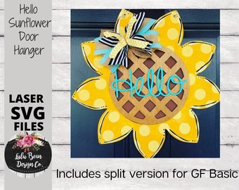 Sunflower Hello Door Hanger Split Option Sign SVG File Digital Laser Wood Glowforge template
