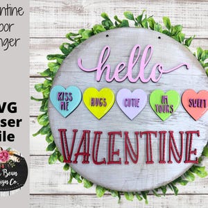 Valentine's Day Conversation Hearts Door Hanger SVG Laser Glowforge Digital Cut File Wood Cutting template round
