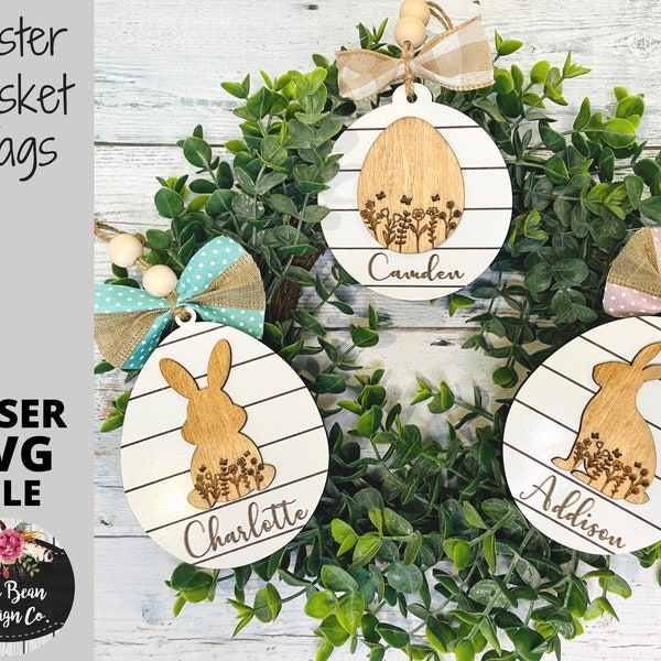 Easter Basket Tags Bunny Floral Personalized Names SVG File Digital Laser Wood Glowforge template