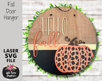 Hello Fall Pumpkin Leopard Print SVG Digital Cut File Laser Wood Cutting door hanger template