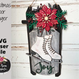 Trineo Patines de hielo Poinsettia Alegría navideña Percha para puerta Archivo láser SVG Madera Corte digital Glowforge