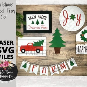 Christmas Farmhouse Little Red Truck Tiered Tray Kit Wood Sign Shiplap Herringbone Digital Cut File Laser Wood Cutting svg pdf jpg dxf